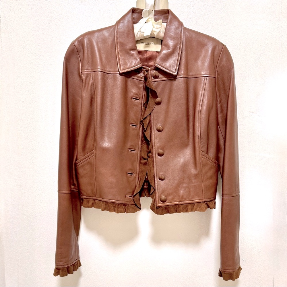 BURBERRY Cropped Leather Jacket with Suede Trim - Tailored Silhouette - VINTAGE